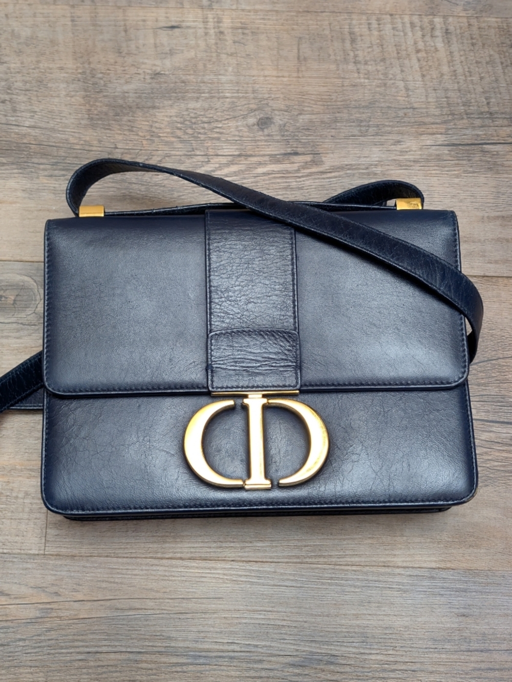 Dior Navy box Leather Shoulder Bag with Gold CD Logo